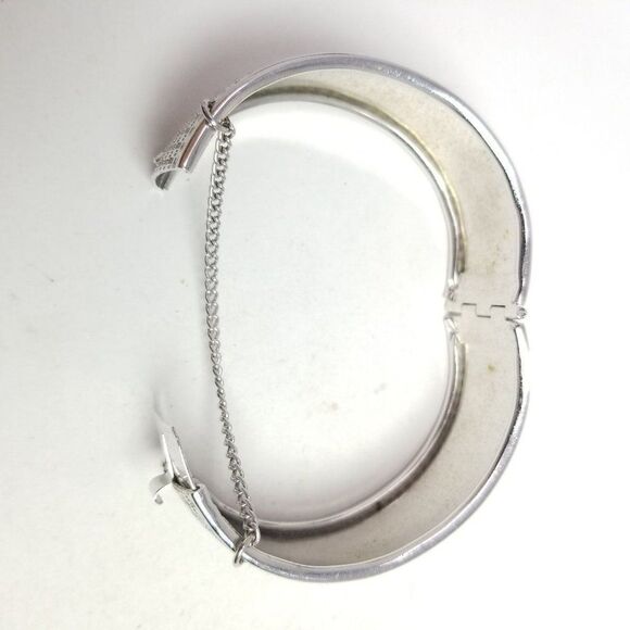 Vintage Wide Silver Tone Bangle Bracelet with Micro Square Design, Retro Hinged - Picture 4 of 7